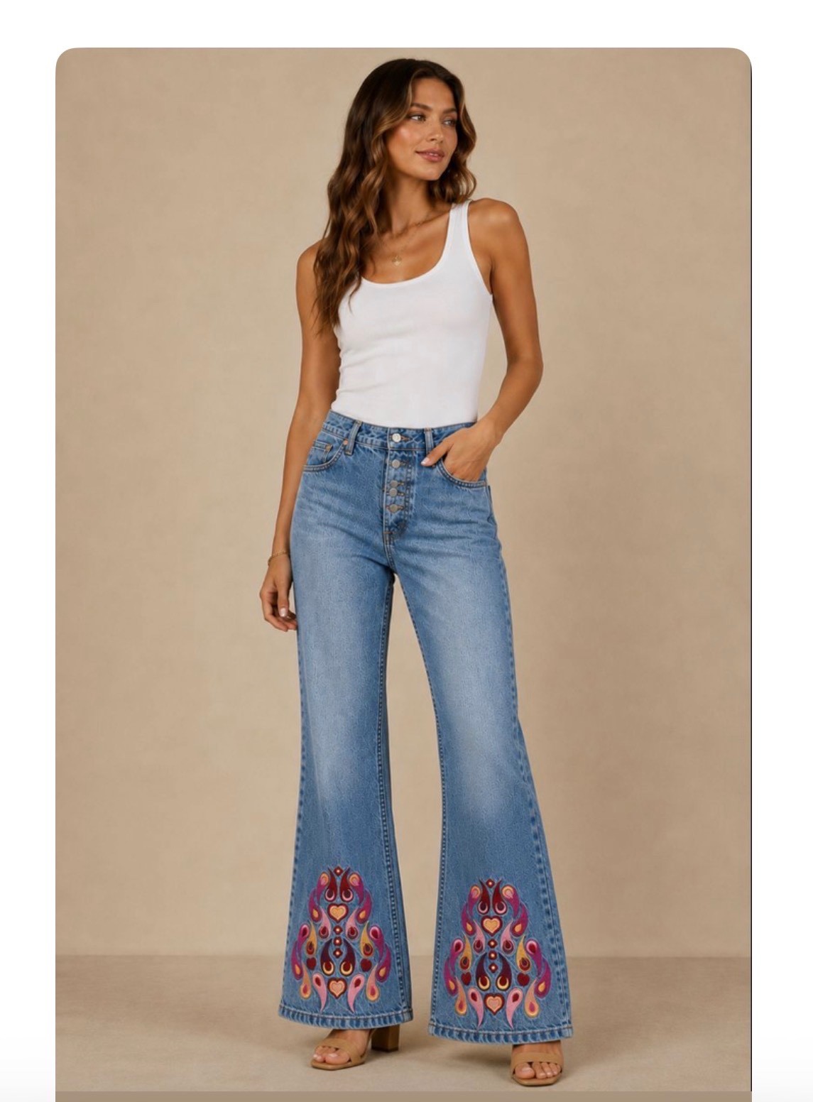 Vintage Embroidered Paisley & Heart Flare Jeans in Light Blue 32-31 Large
