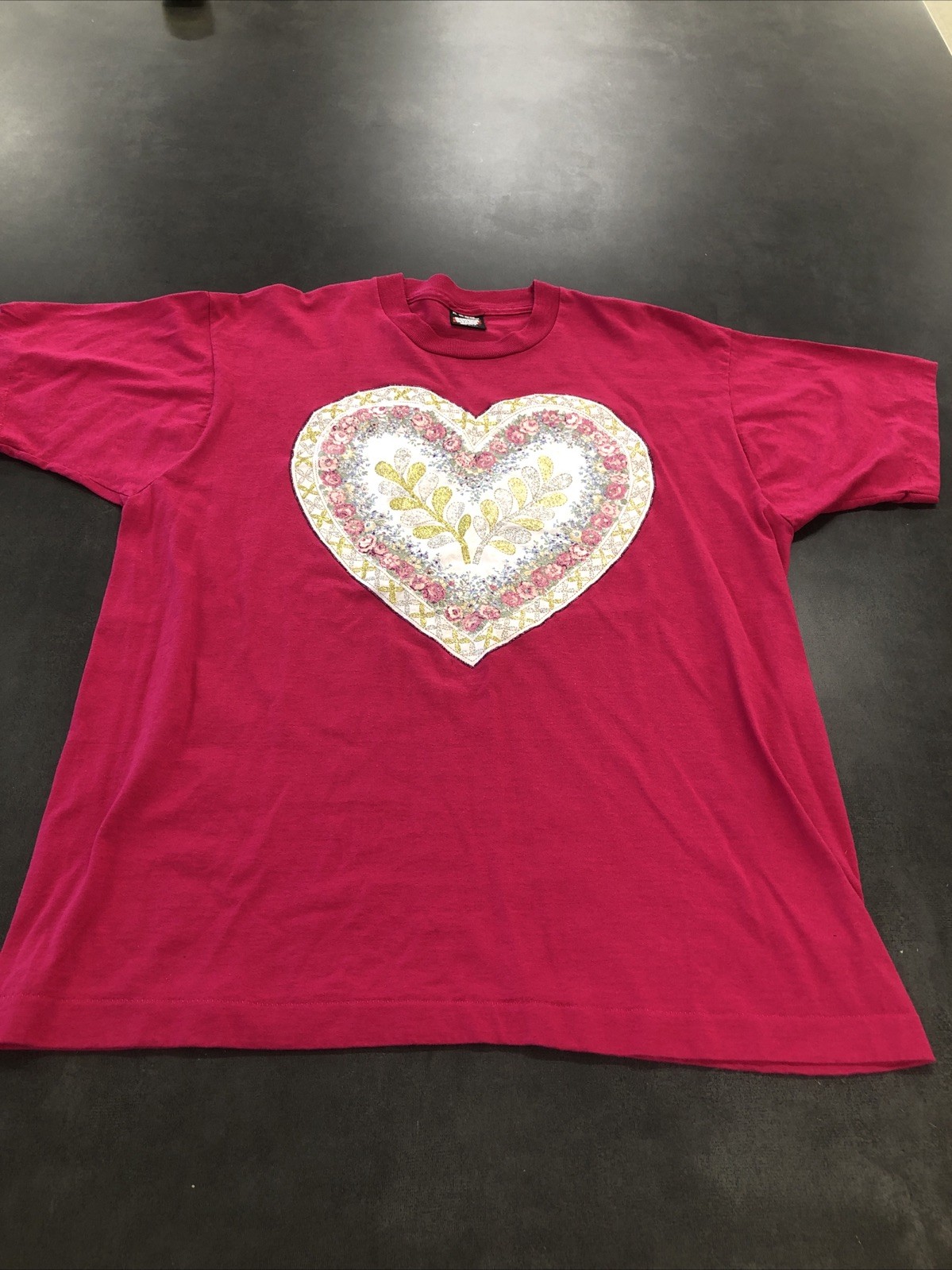 Vtg Screen Stars Heart Applique Tee Shirt XL Rose Glitter Single Stitch Rose Red
