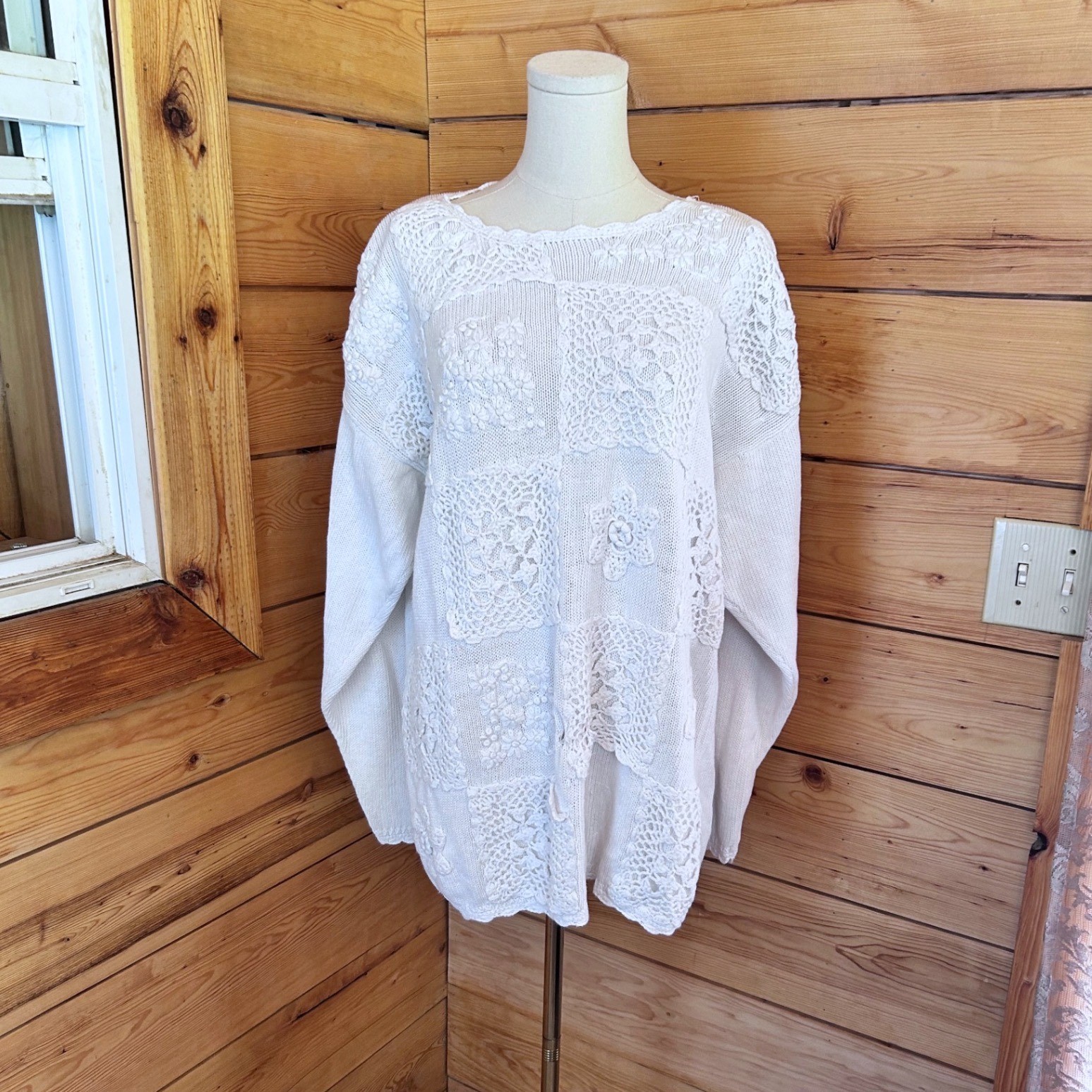 Vintage White Crochet Lace Patchwork Knit Sweater Womens Large Ramie Cotton 90&rsquo;s