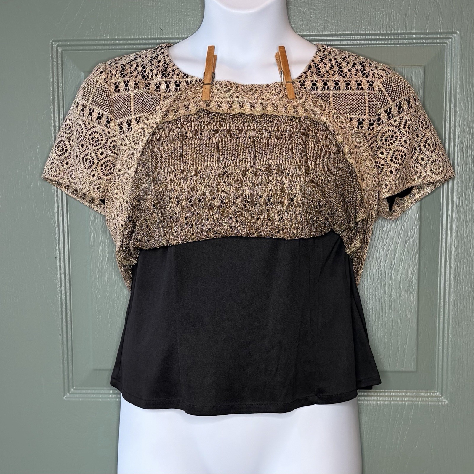 Vtg Halmode Petites Top Open Crochet Metallic Gold Lace Button Back Dressy 12