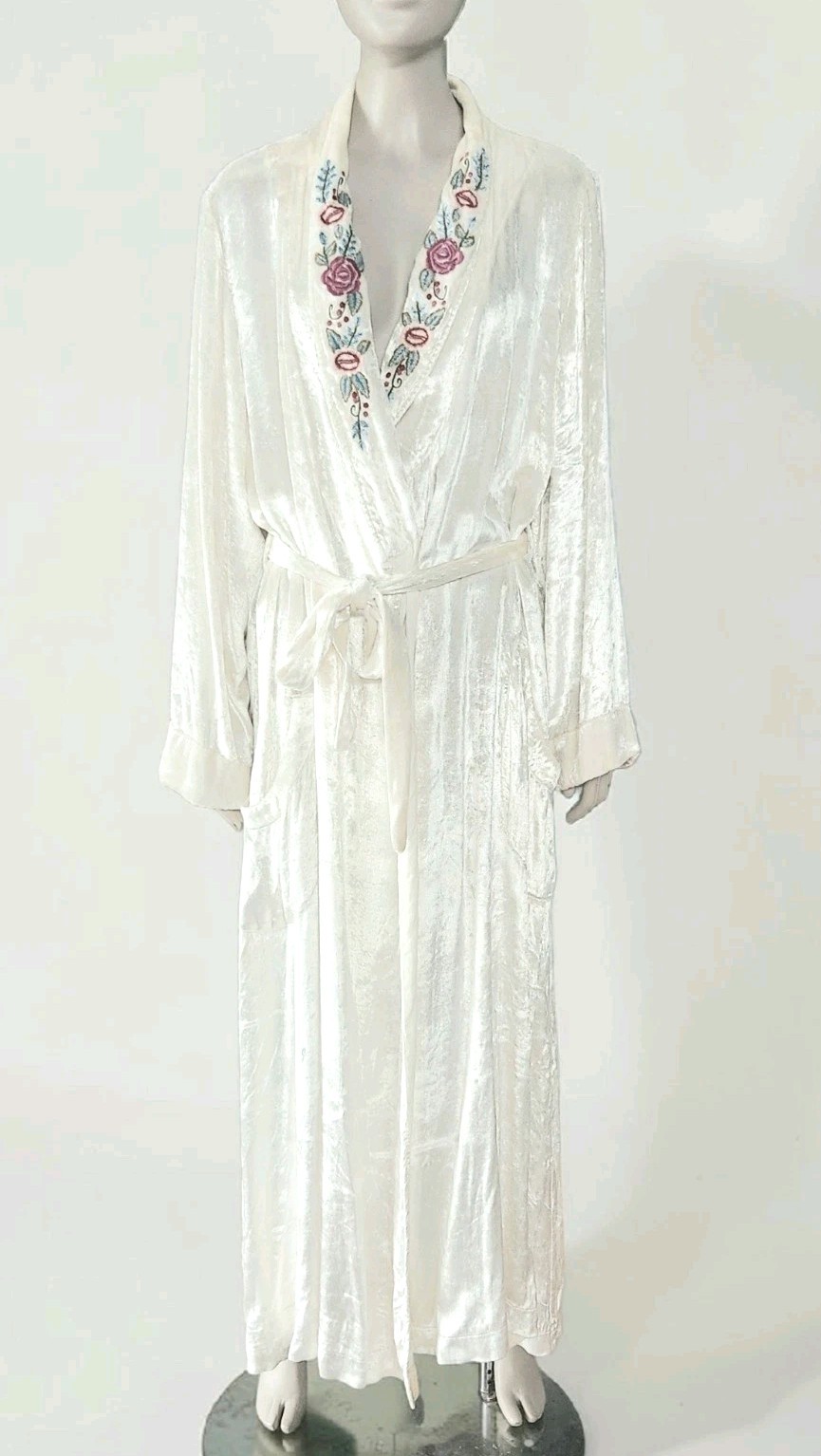 Vintage April Cornell Crushed Velvet Embroidered Robe Womens S White Longline