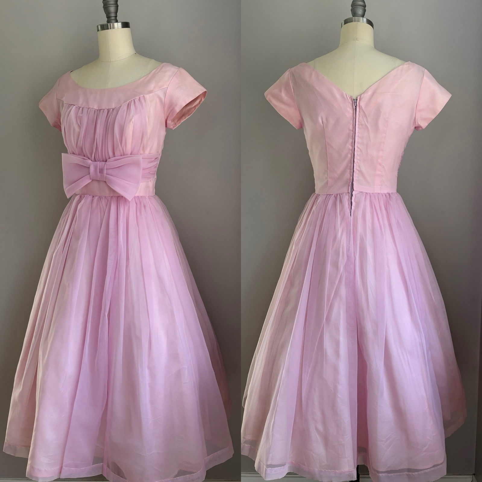 Vintage 1950’s Pink Chiffon Rockabilly Pinup Party Bow Dress XS