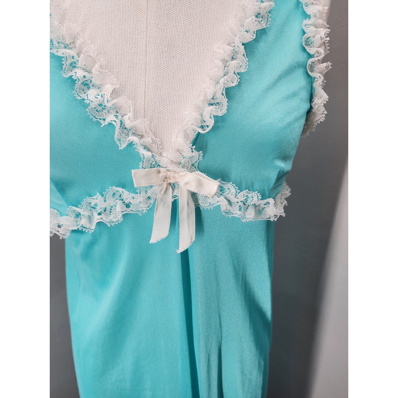 80s Robin Egg Blue Nylon Lace Column Gown Made in USA – M