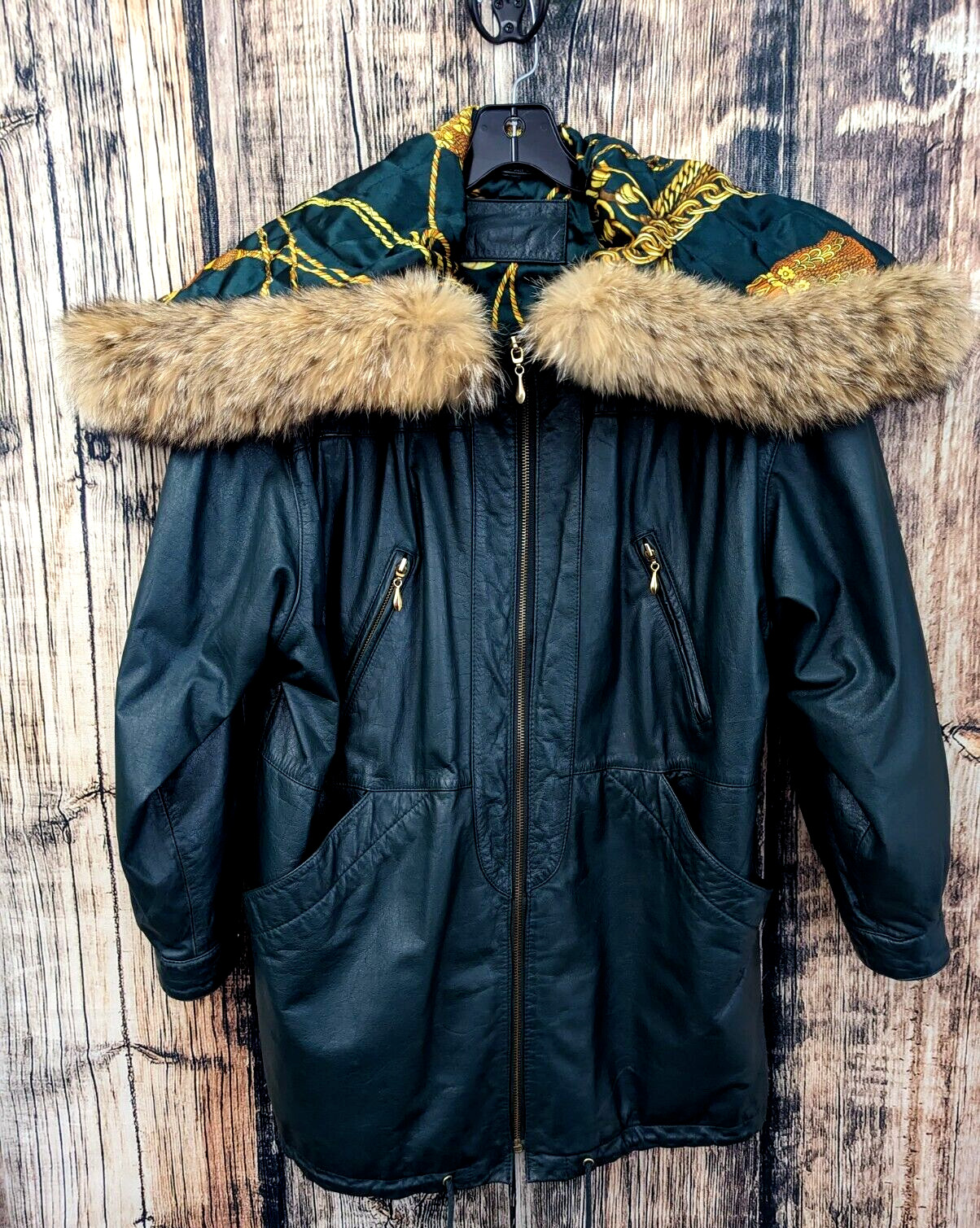 Jacqueline Ferrar Leather Parka Coat Womans S Coyote Fur Brocade Green Bohemian