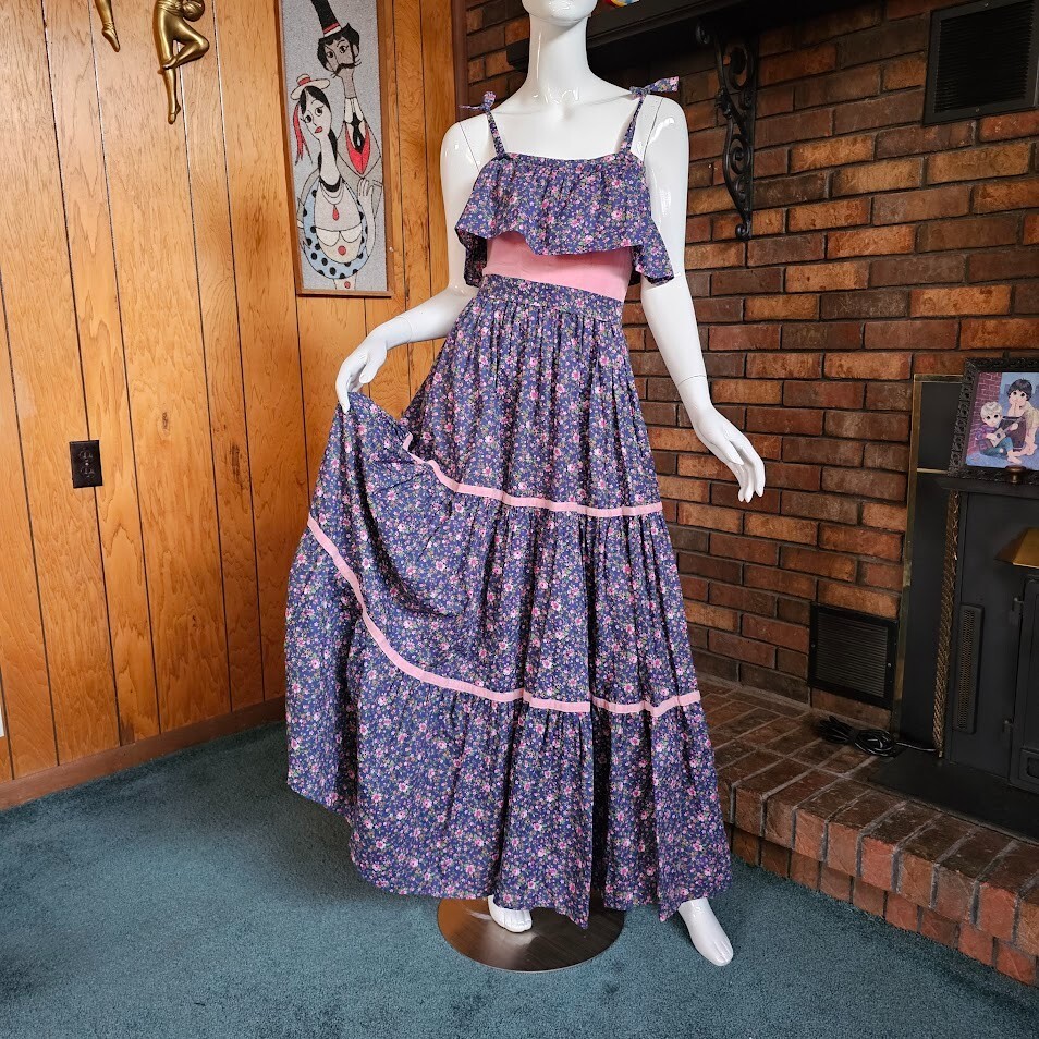 Vtg 70s Homespun Calico Hippie Cottagecore Prairie Woodstock Maxi Gown Dress XS