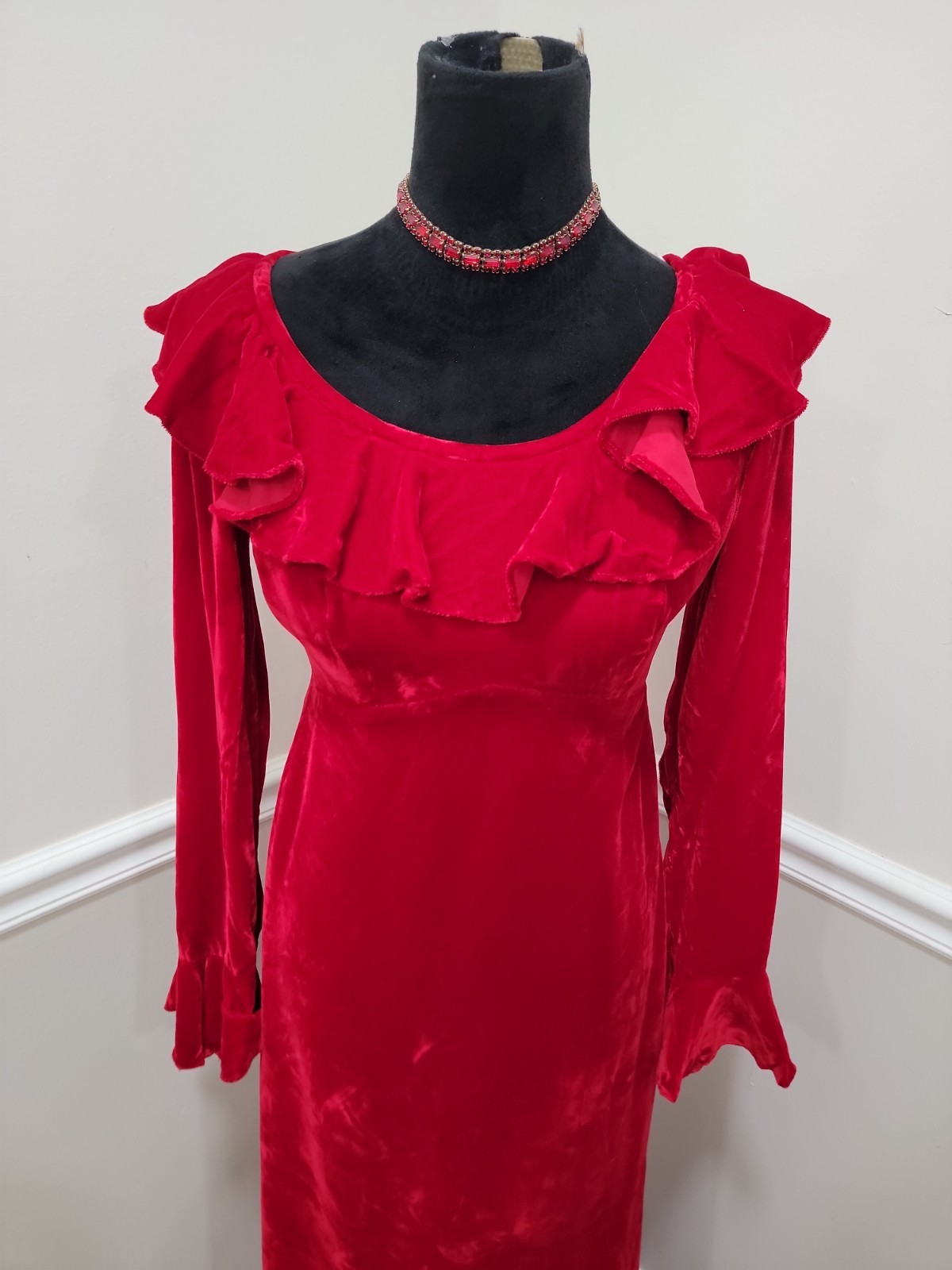 Vintage 60s Red Velvet Maxi Dress Empire Waist Ruffle Holiday Formal Gown S/