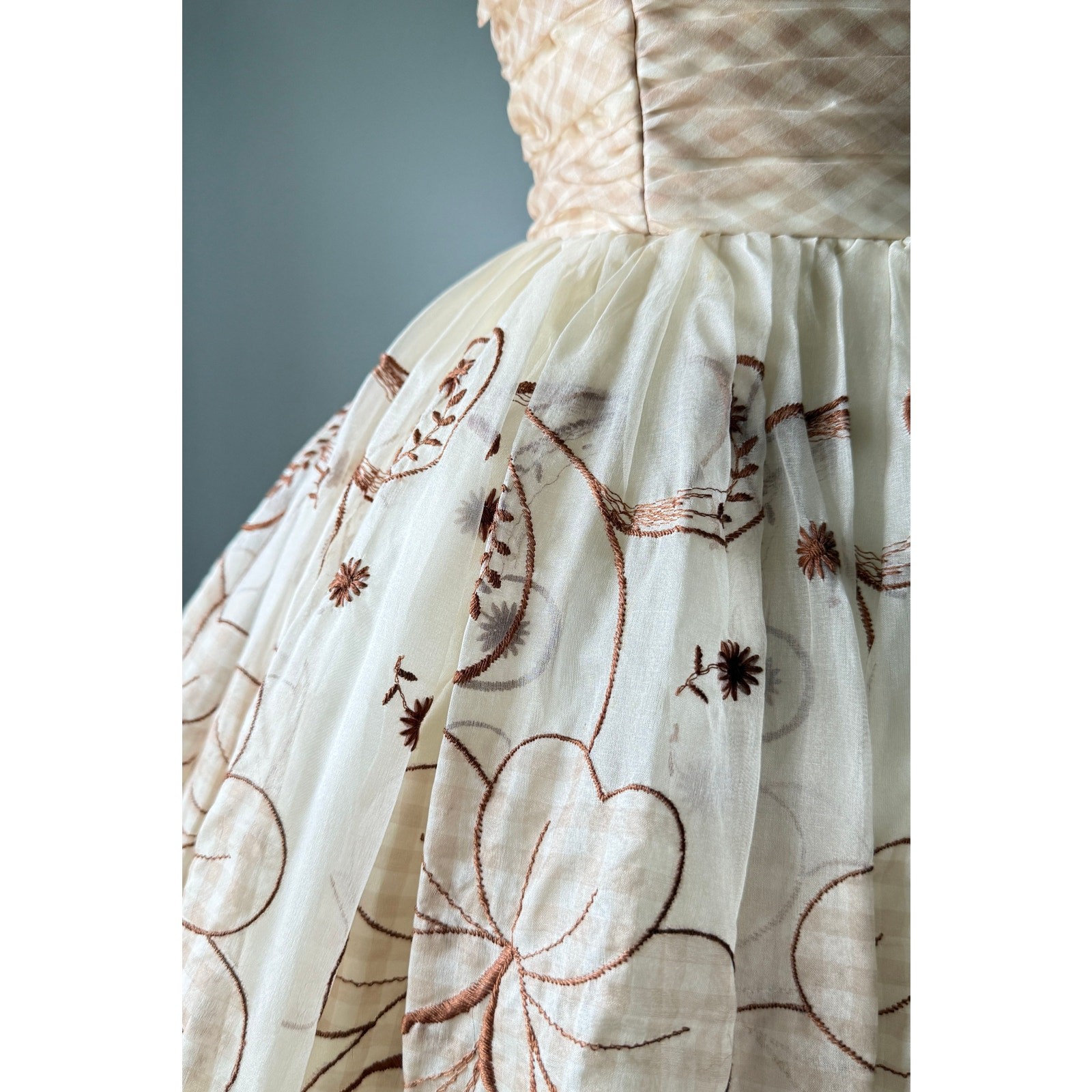 Vintage 1950s Gingham Organza Strapless Prom Party Wedding Dress XS