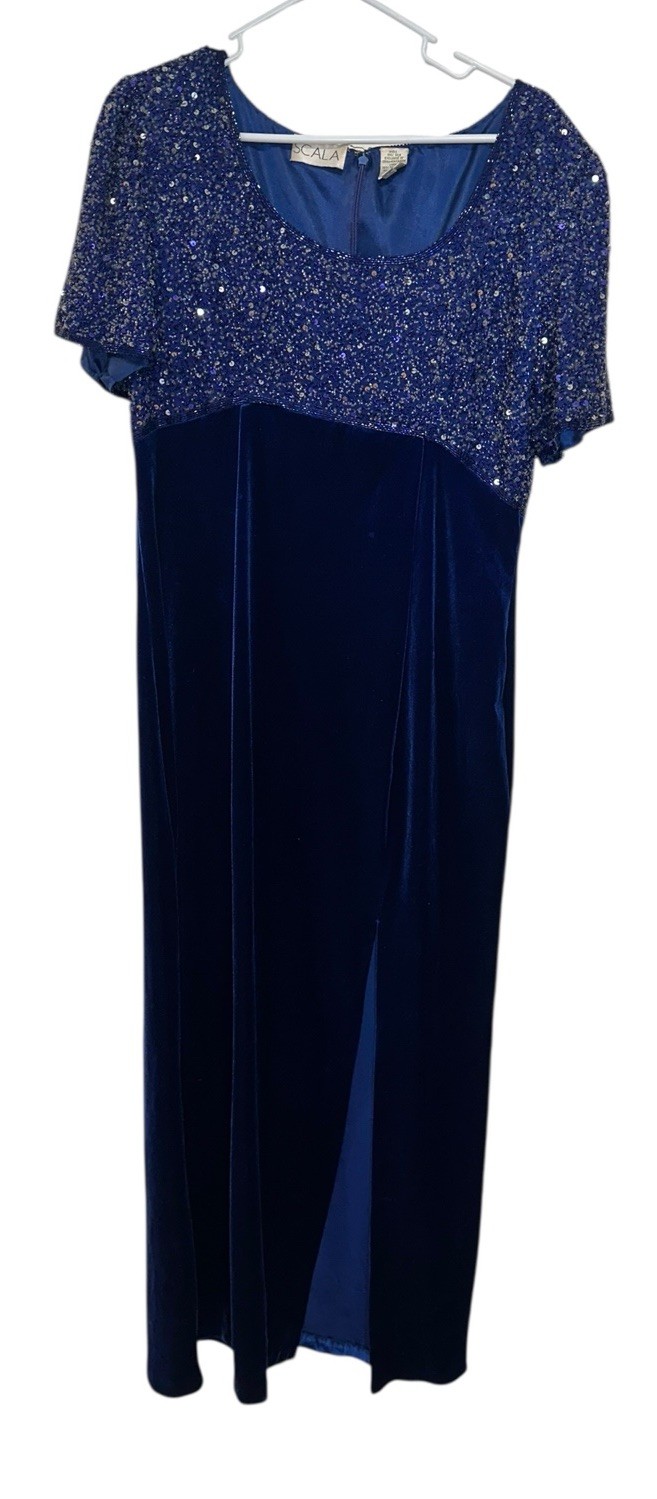 VTG 90s Scala Silk Velvet Beaded Empire Gown Dress Sz XL Blue Long Cocktail