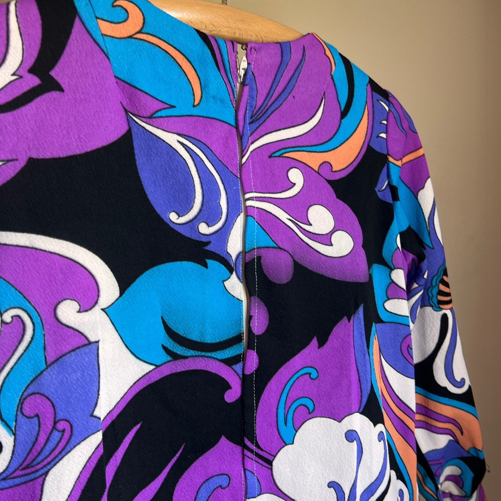 Vintage Psychedelic Print Hippie Top Small Purple Floral Mod 60s 70s Blouse