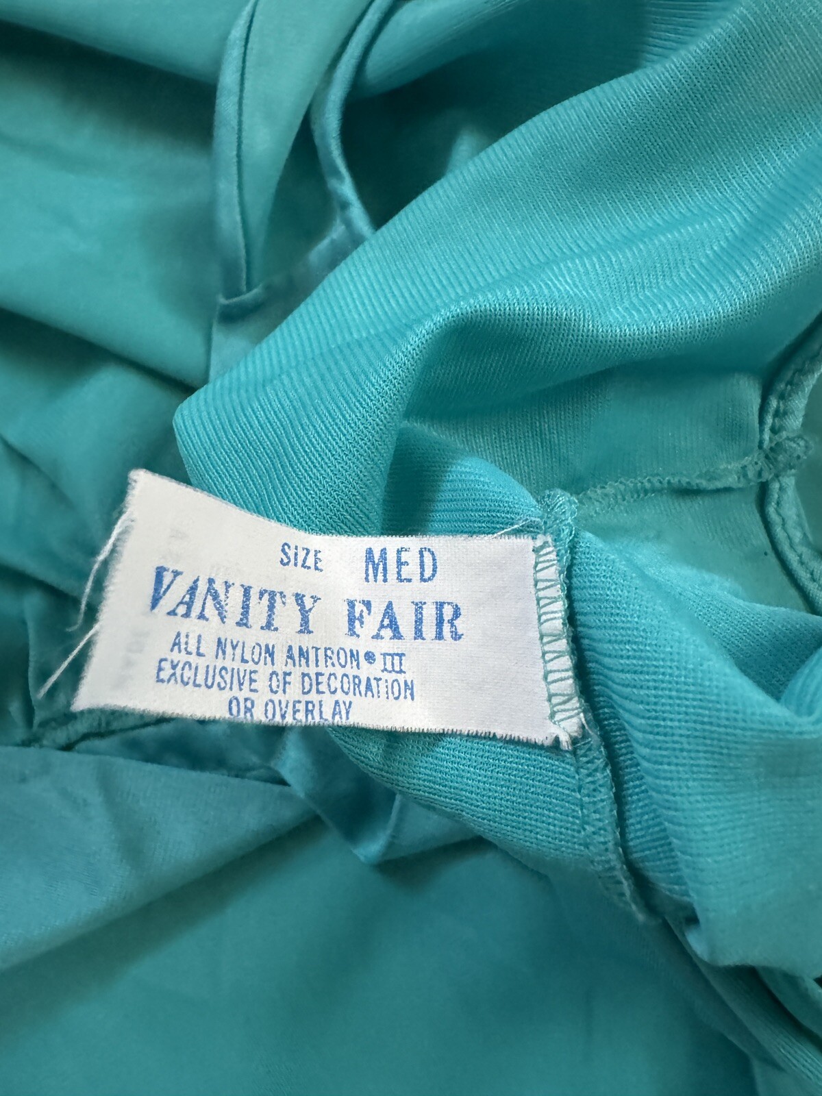 Vanity Fair Vintage Tank Top Nightgown Teal Green Mid Length Lace Satin USA Med