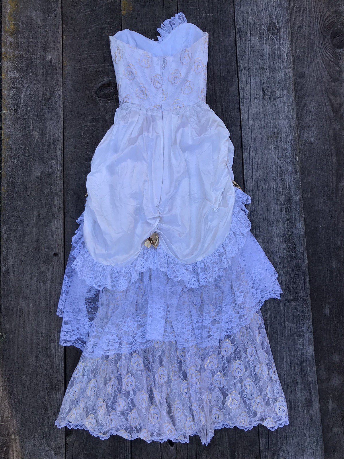 VTG 80s Loralie Strapless Ivory and Gold Satin and Lace Tiered Sequined Dress XS