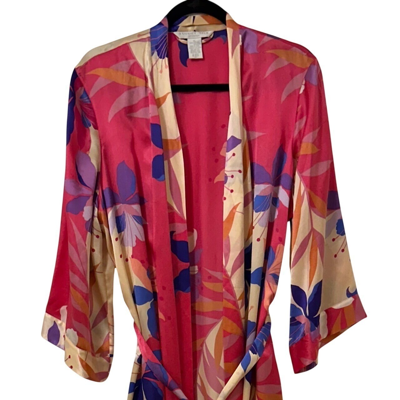 August Silk Intimates Pink Floral 100% Silk Vintage Long Wrap Robe XL Tropical