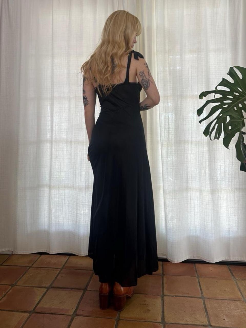 Vintage 70s black lace slip dress tie shoulders nightgown lingerie