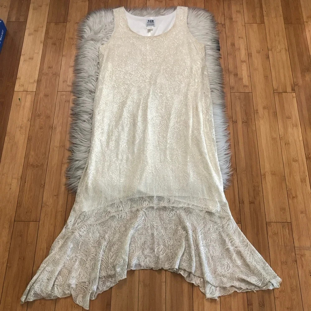 Vintage R&M Richards Metallic Gold Shimmer Lace Mermaid Cream Maxi Dress 18P