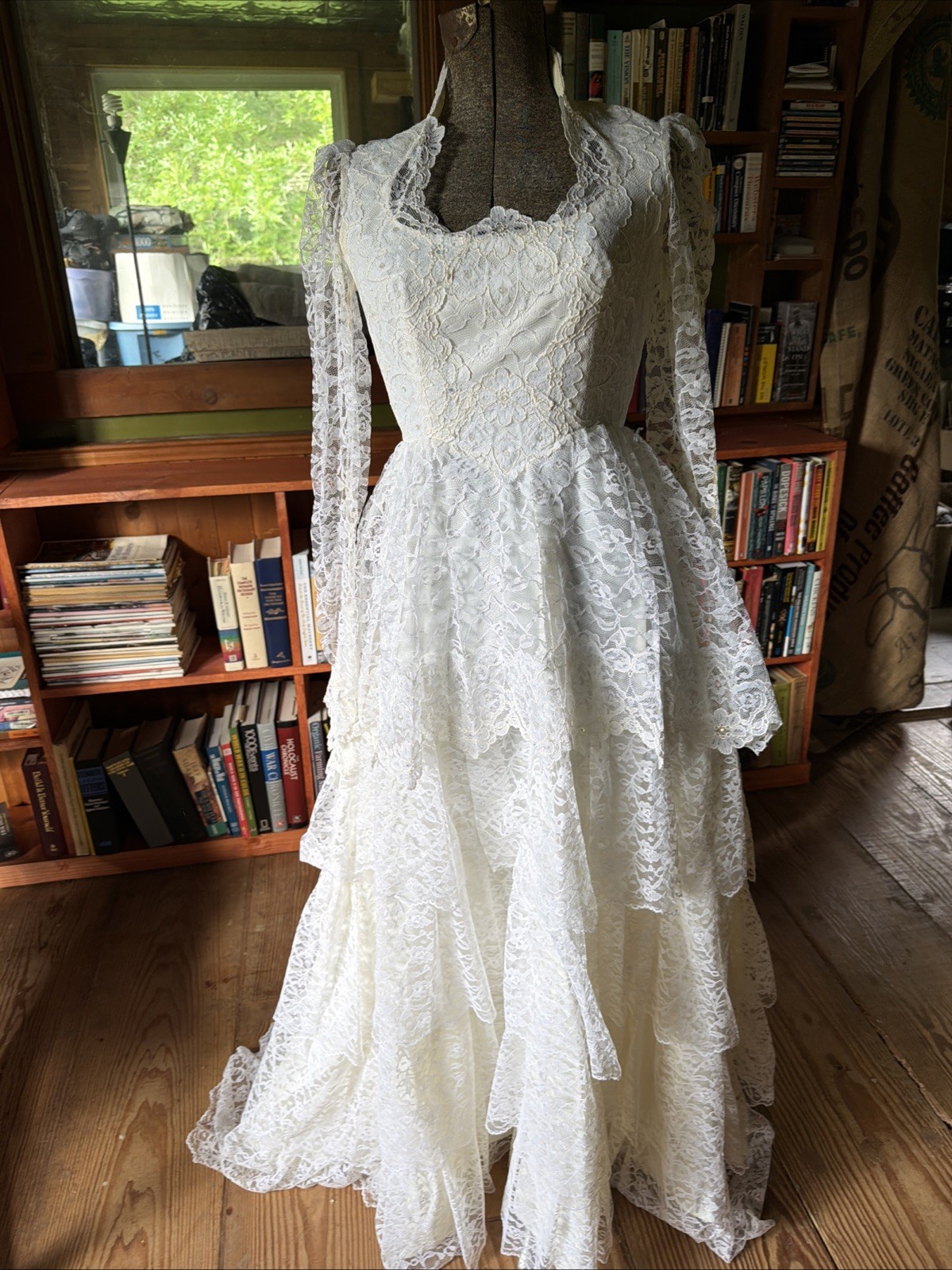 Bridallure Alfred Angelo Vintage Wedding Dress, Lace, Ruffled Tiered Long Sleeve