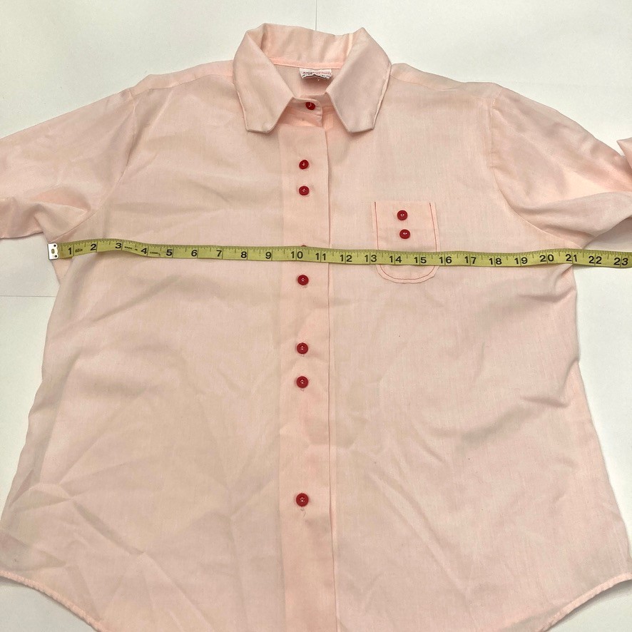 Vtg Pink Blouse Button Up Permanent Press Red Buttons Womens M 38-40 Long Sleeve
