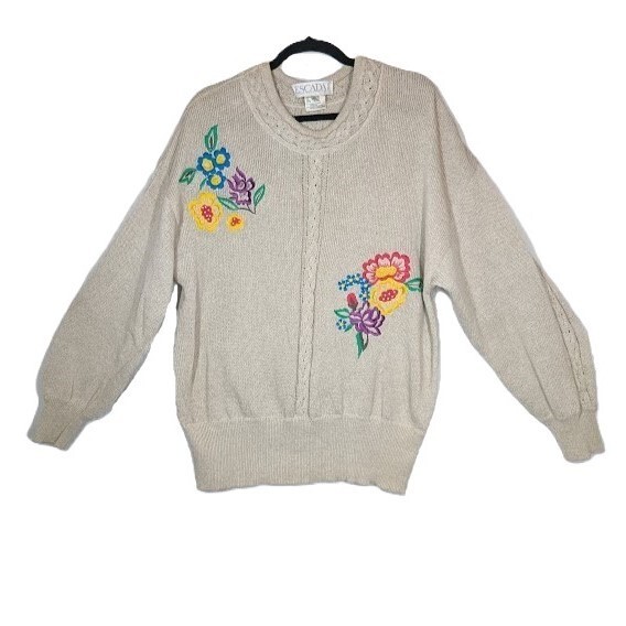 ESCADA Sweater Womens Sz 40 Margaretha Ley Floral Embroidery VTG 80s Linen Blend