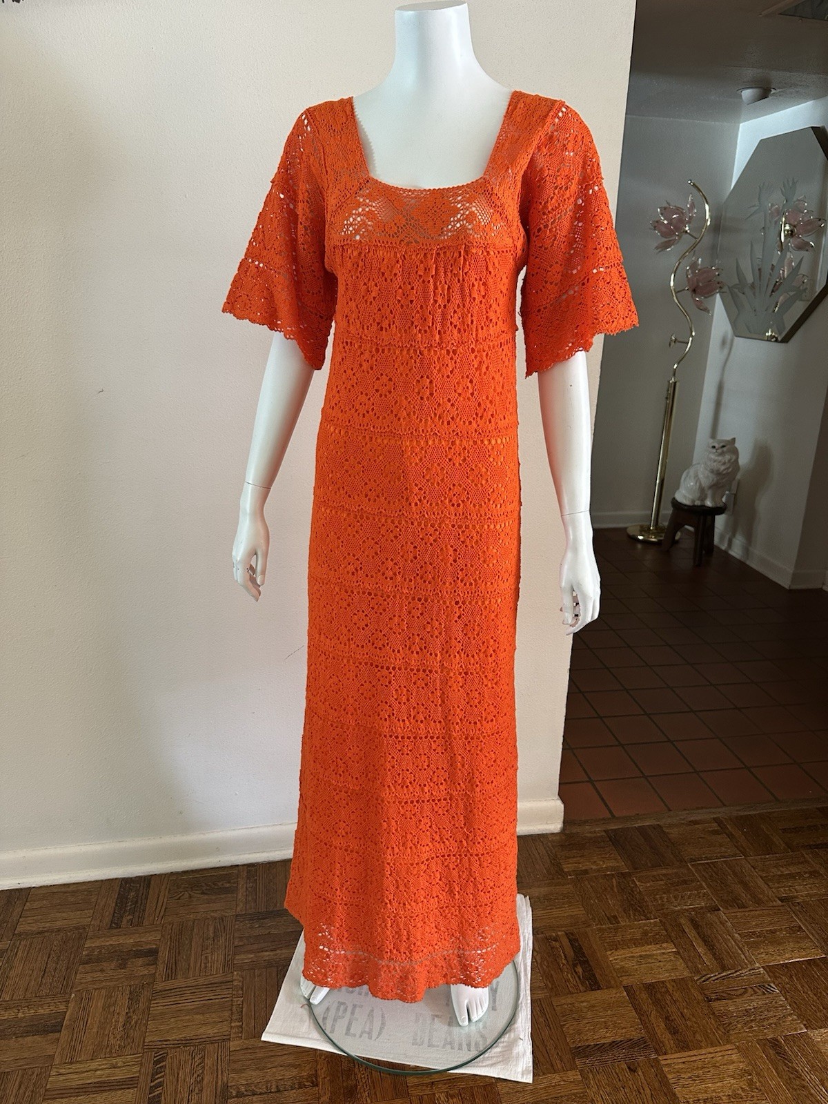 1970s Mexican Crochet Lace Maxi Dress Orange Cotton Boho Huipil XS S Vintage