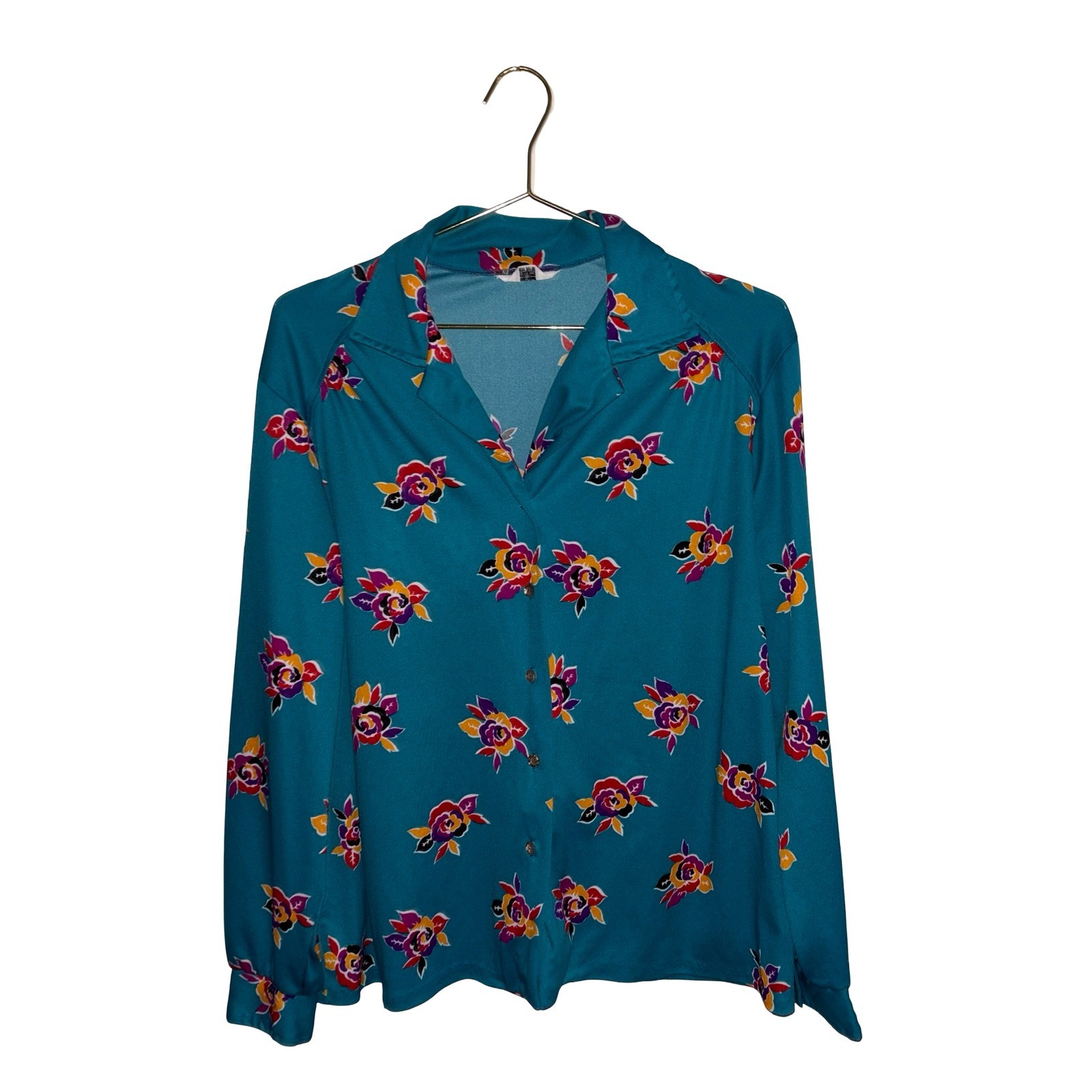 Vintage Teal Floral ButtonUp Blouse LongSleeve Retro Rose Print Top Size P2P 25&Prime;