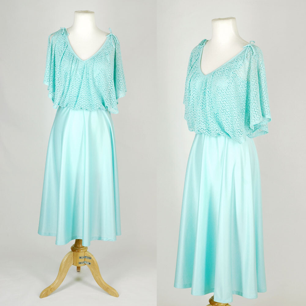 Vintage 1970s Dress Aqua Mint SMALL Grecian Boho Flowy Party Sheer Festival 70s
