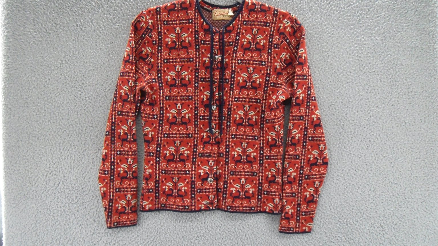 Vintage Catalina Sportswear Sweater Cardigan Womens Small Red Floral Deer 1940s