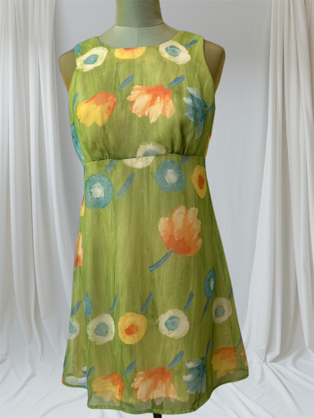 New Vintage Y2K 1990’s Floral Chiffon Mini Dress Gogo Hippy Sz 8/10 Byer Too !