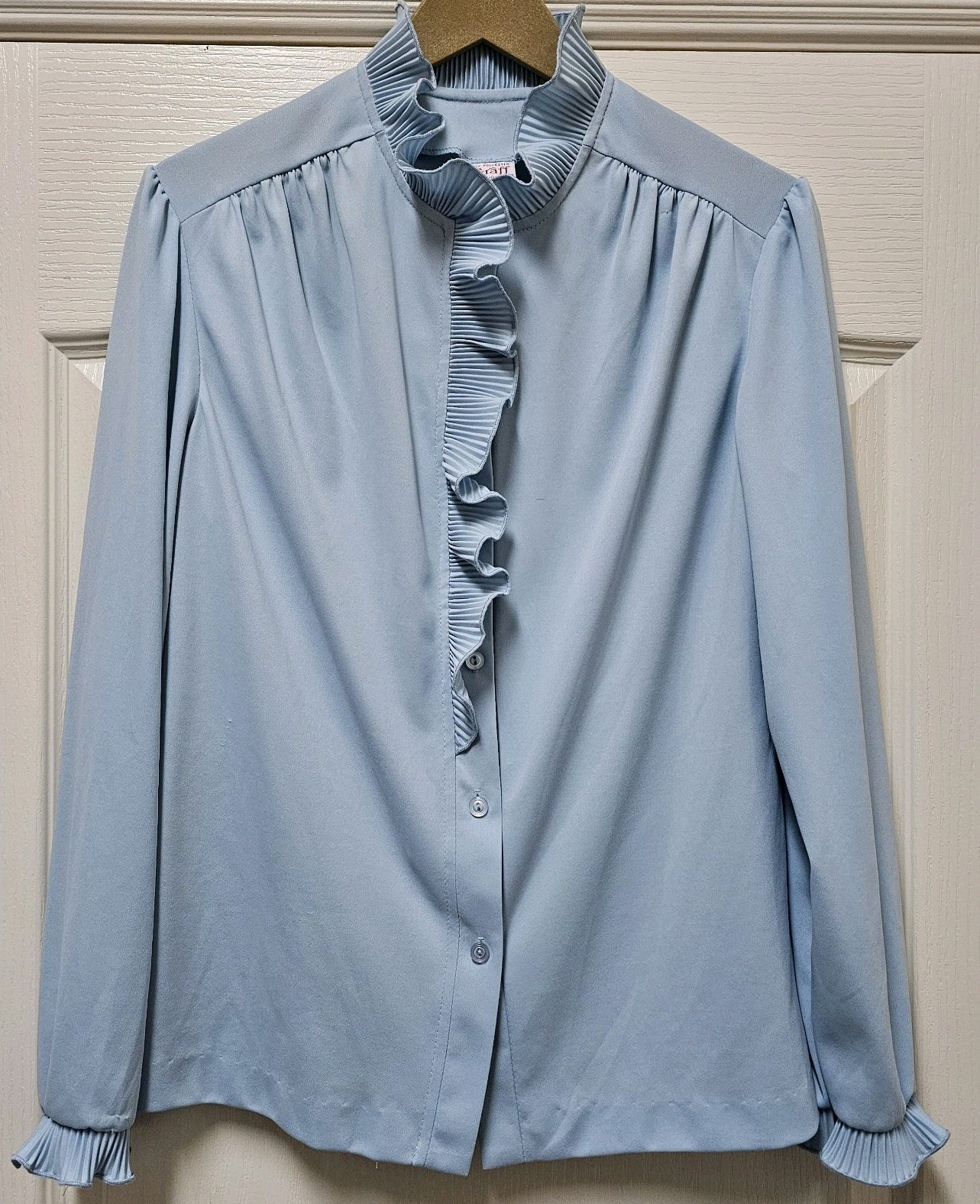 Vintage Graff Californiawear Blouse Womens 16 Light Blue Ruffle Button Up USA