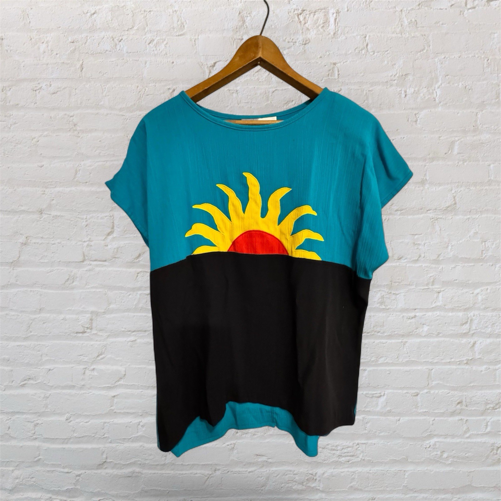 Vintage Peter Popovitch Teal Sunrise/Sunset Blouse Oversized Medium Boho Style