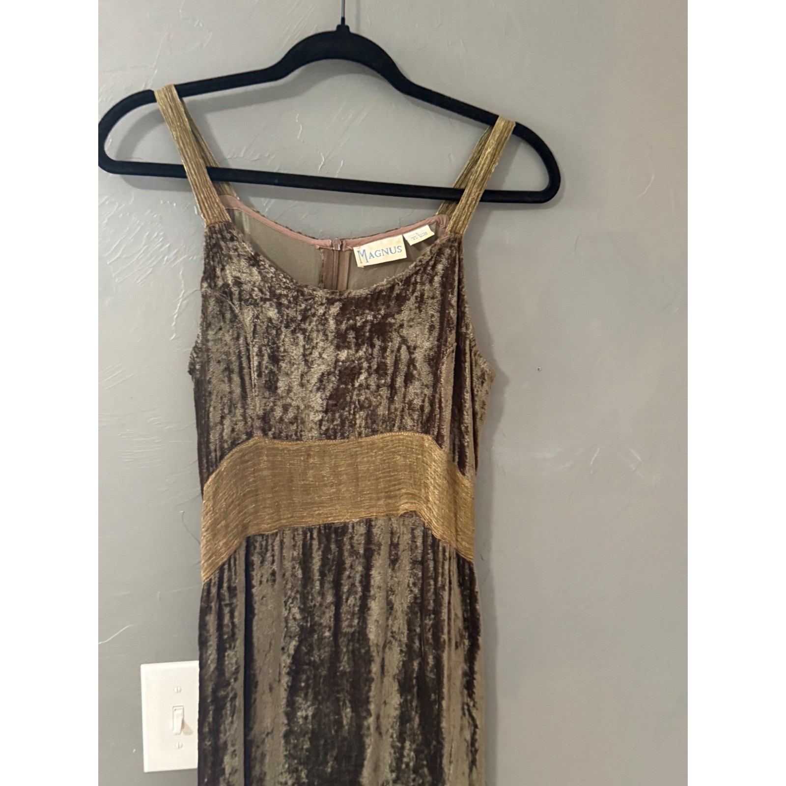 Renaissance Magnus Vintage 90s Crushed Velvet Maxi Dress Brown Gold Goblin L