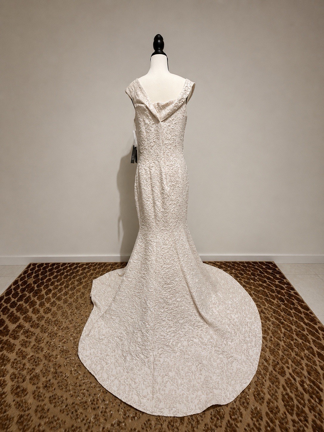 Terani Couture Ivory Off-Shoulder Cap Sleeve Textured Mermaid Train Zipper
