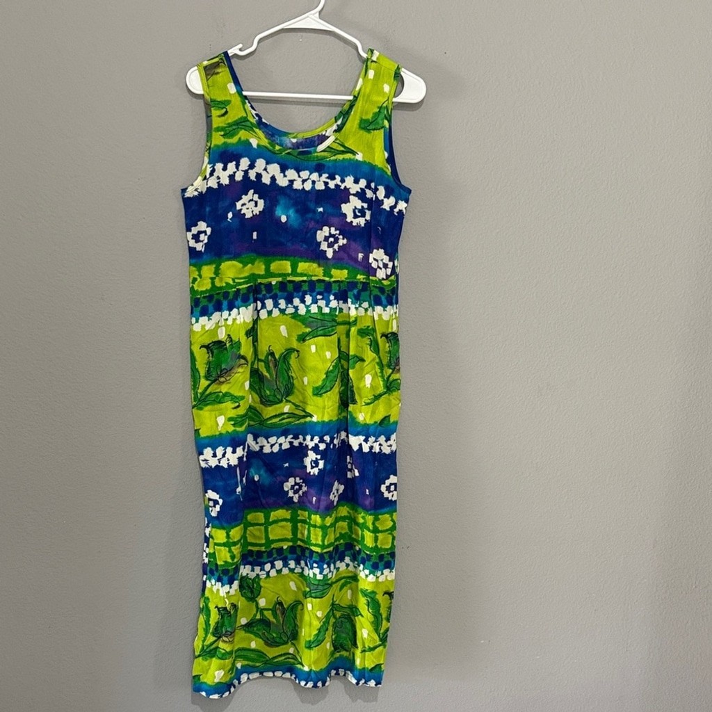 Vintage Jams World Blue and Green Midi Dress beach Hawaii vacation