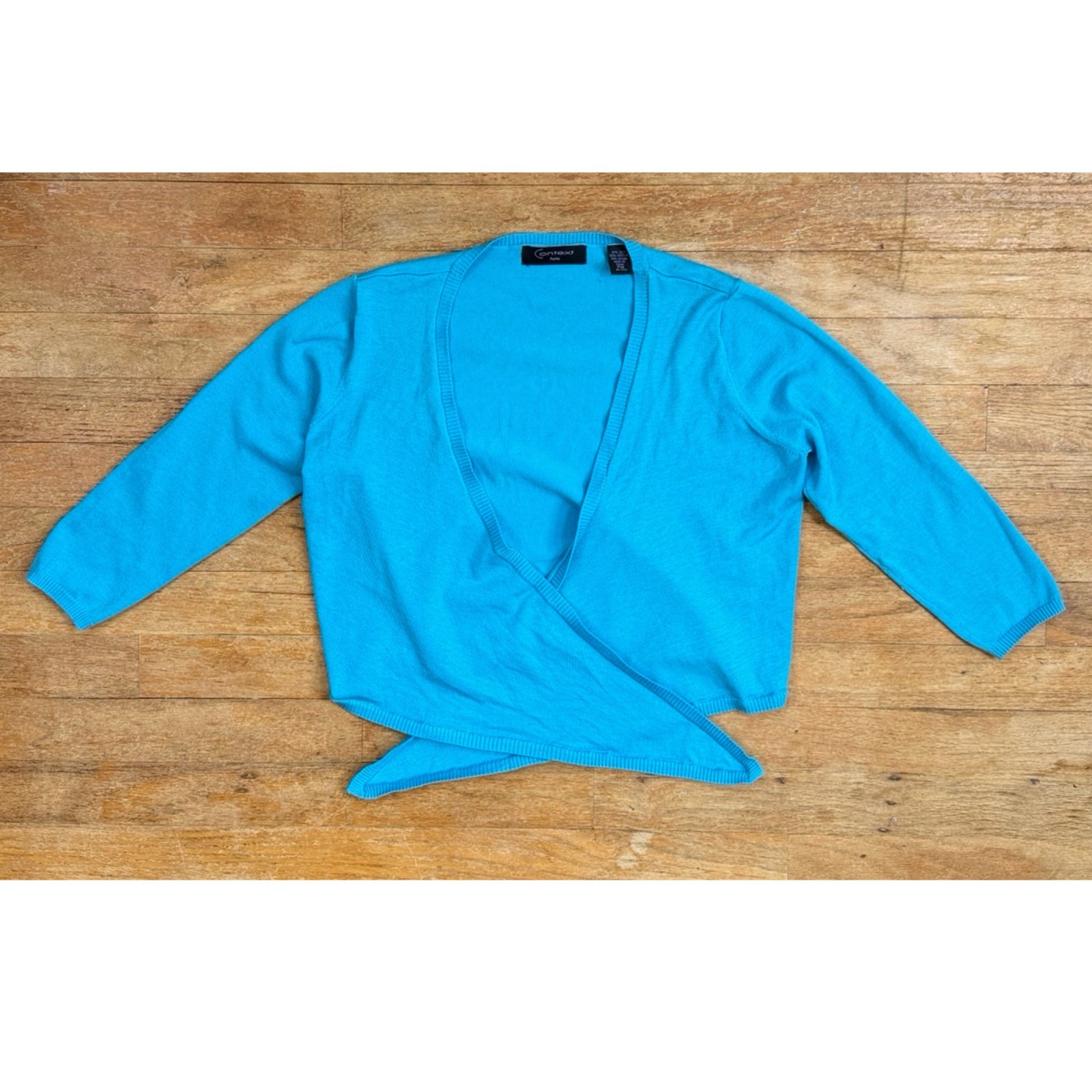 Vintage Bright Blue Silk/Cotton Bolero Cardigan Size Small Cropped Tie Front Y2K