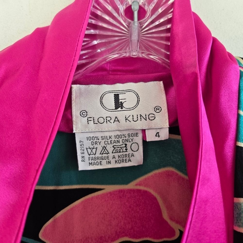 Vintage Flora Kung Sz 4 Kimono Button Silk Black Pink Floral Wrap Dress