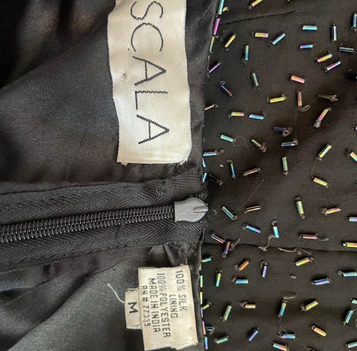 Vintage Scala Black Beaded Spaghetti Strap A-Line Knee Dress Party Size M