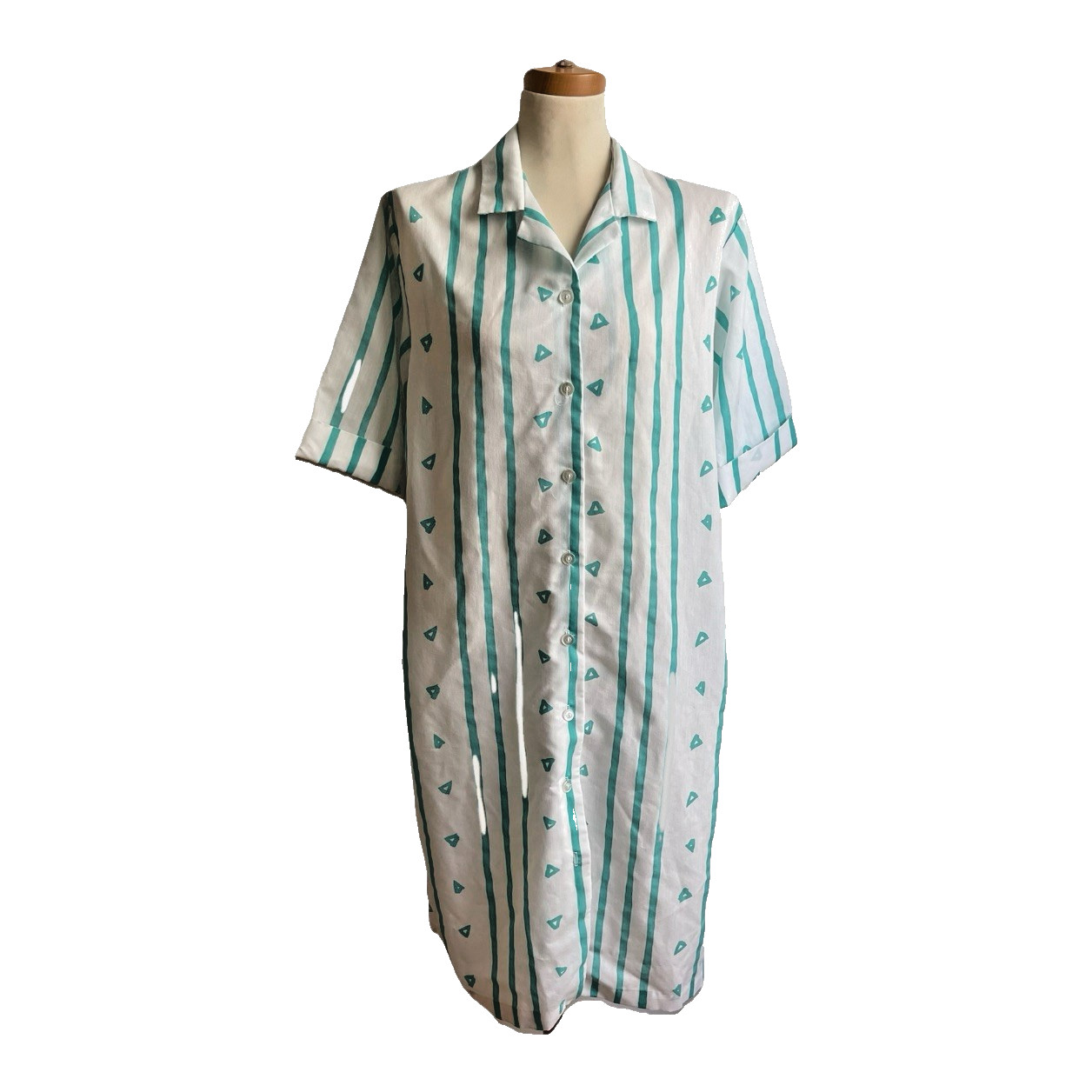 Vintage 80s Blair Shirt Dress Cotton Short Sleeve Abstract Aqua White 16 Large