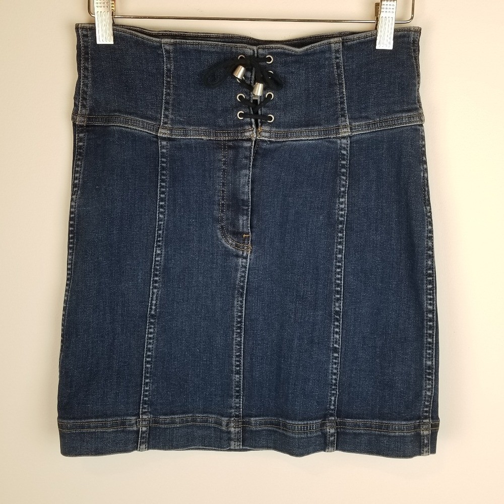 Free People Lace Up Denim Mini Skirt Blue Stretch Size 4 Boho Western