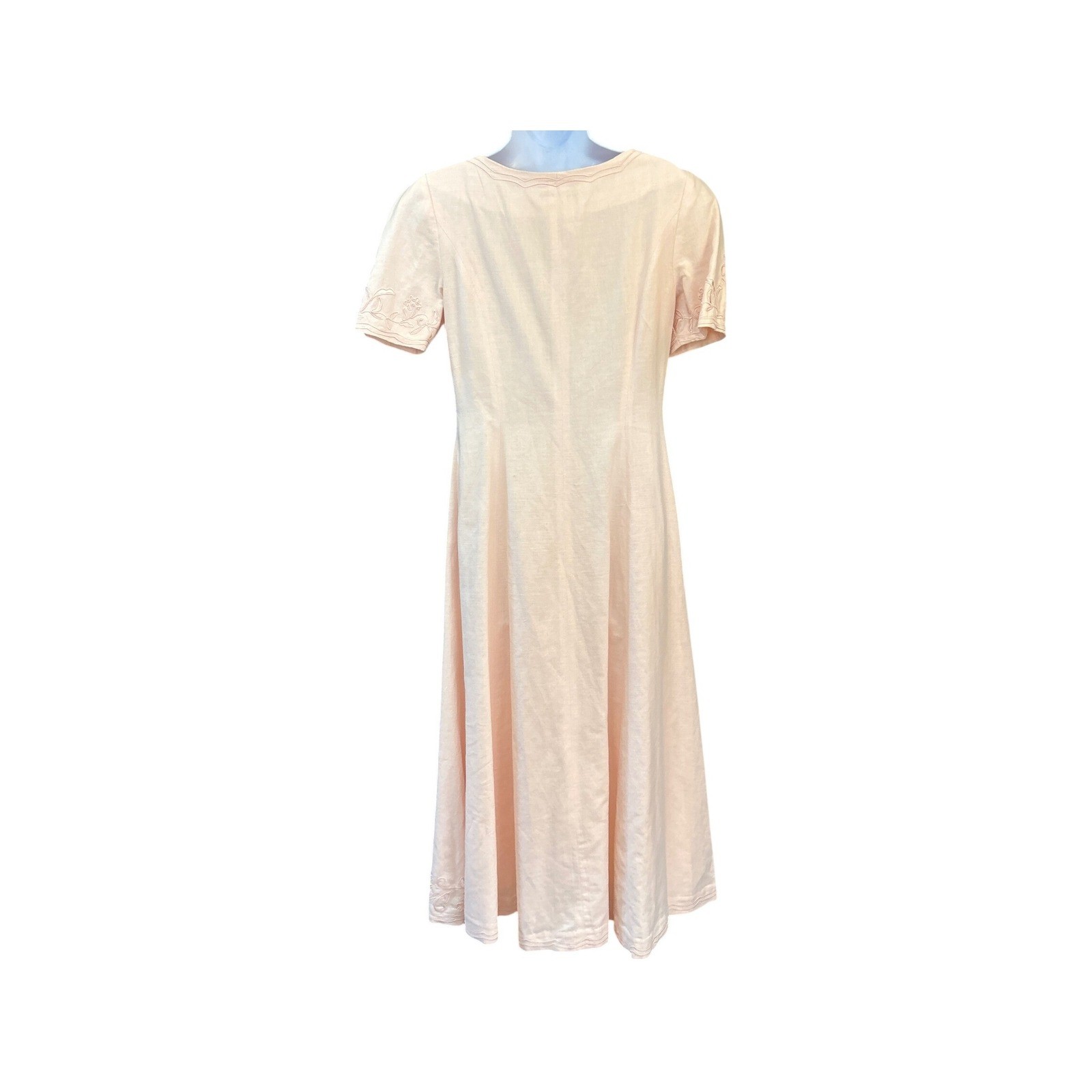 Vintage Talbots Pink Linen Blend Embroidered Midi Dress Cottagecore Button Front