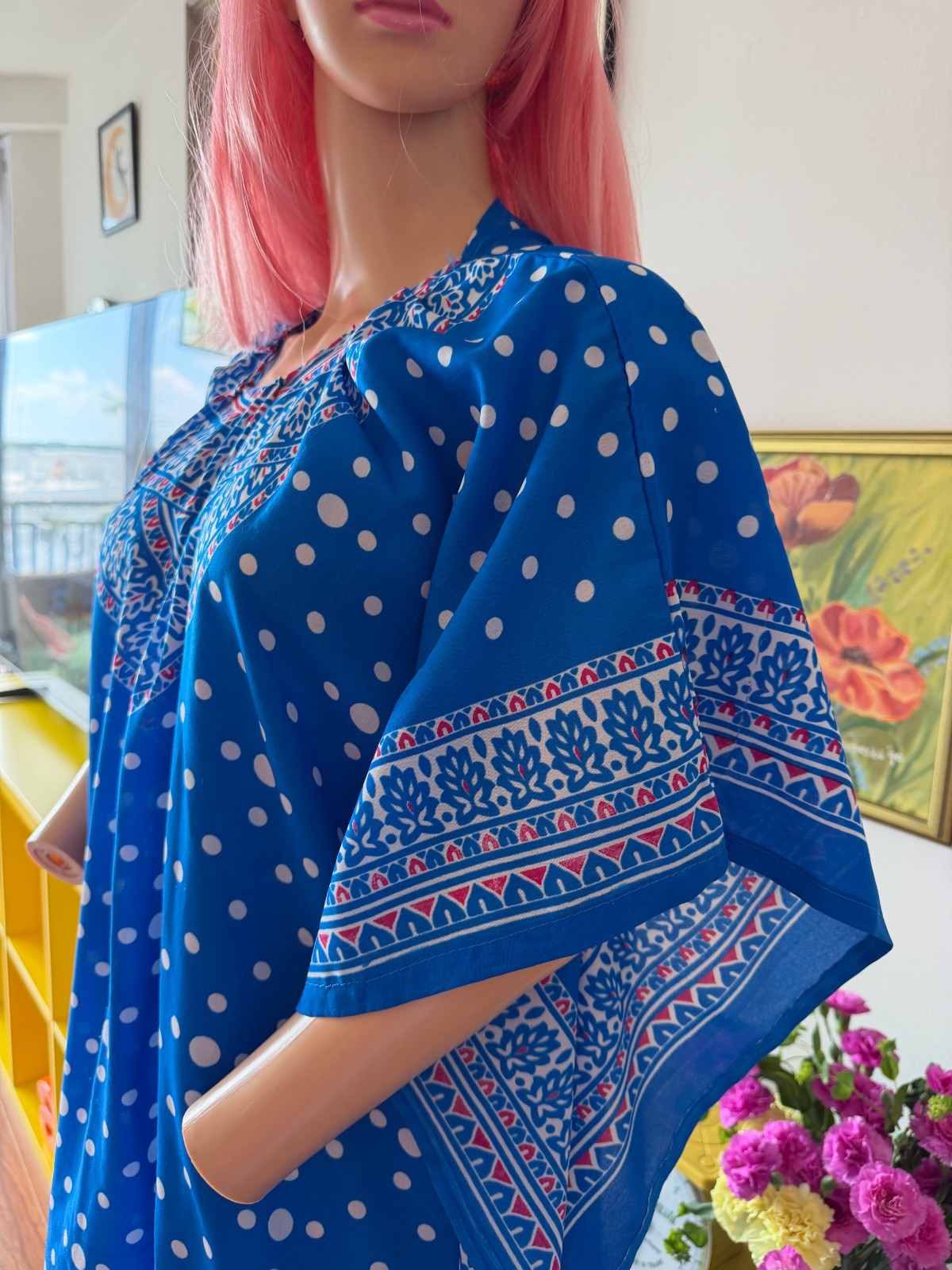🦋 Vtg 70s Blue Polka Dot Kaftan Maxi Dress Goddess Hostess MuuMuu Batwing OS
