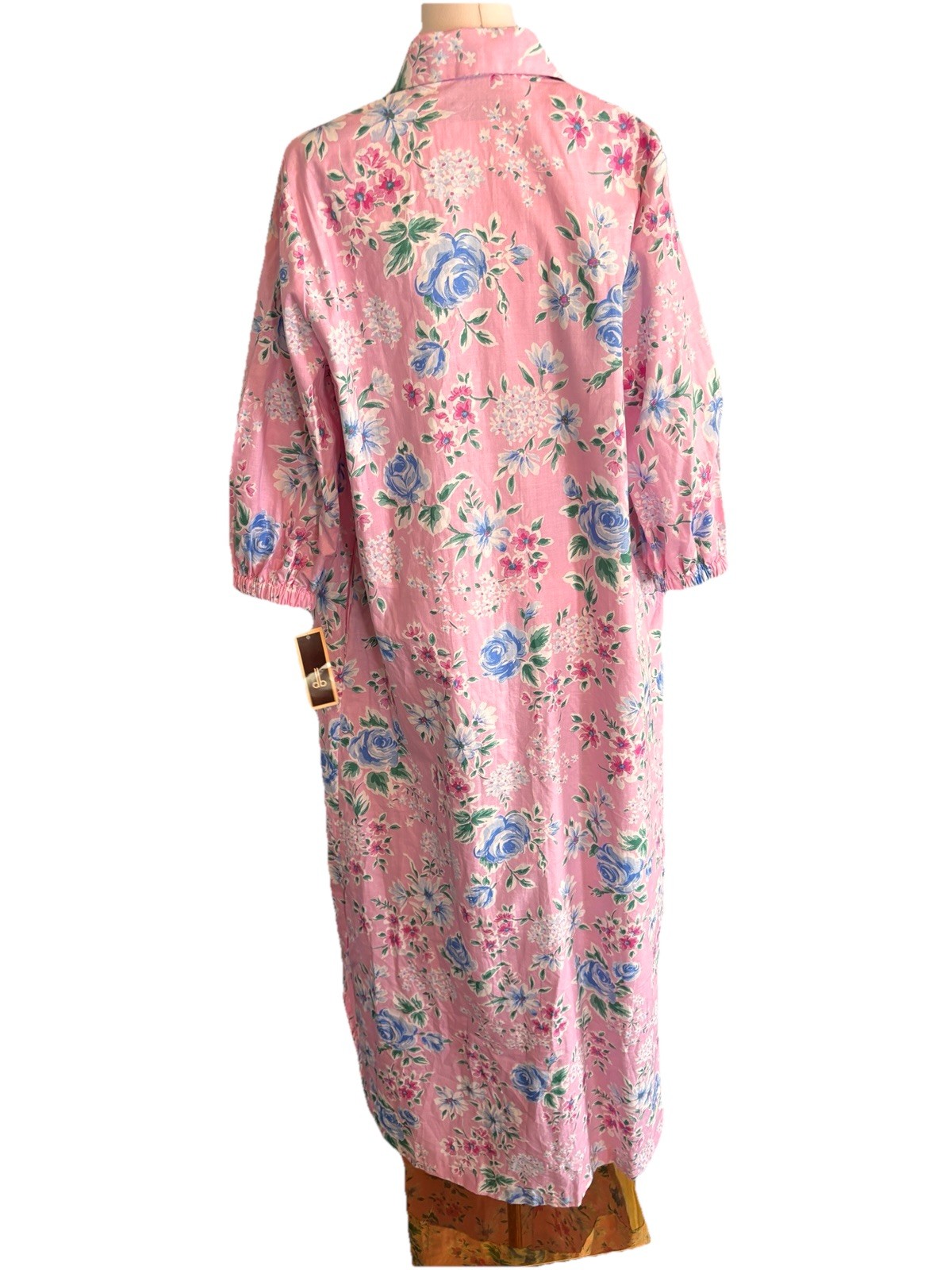 Vintage David Brown California Long Pink Floral House Dress Cotton Gown USA XS