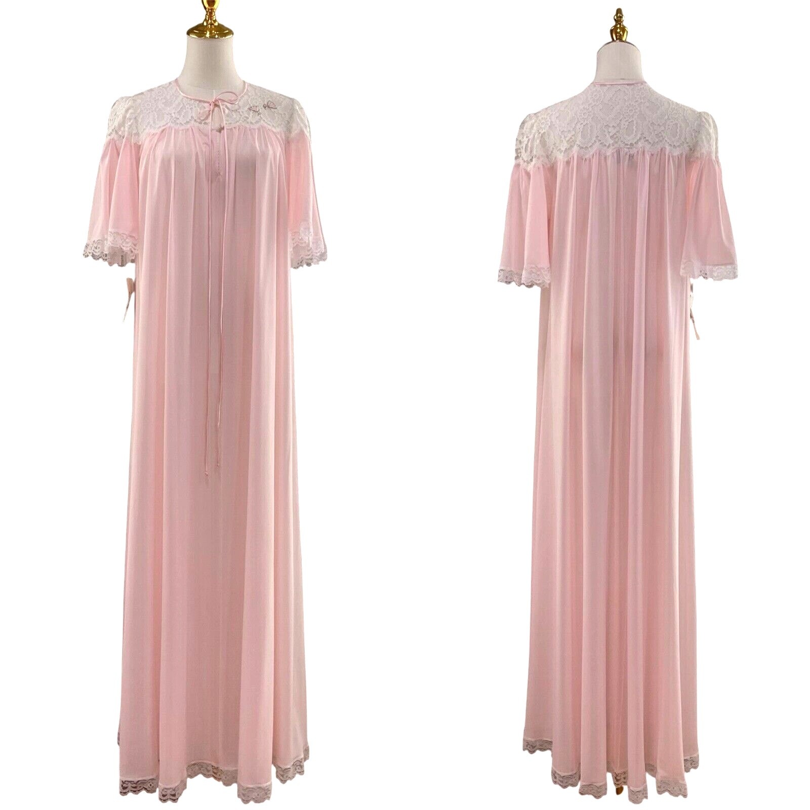NWT Vintage 90s Lucie Ann Pastel Pink Nylon Lacy Tulip Maxi Nightgown Size S