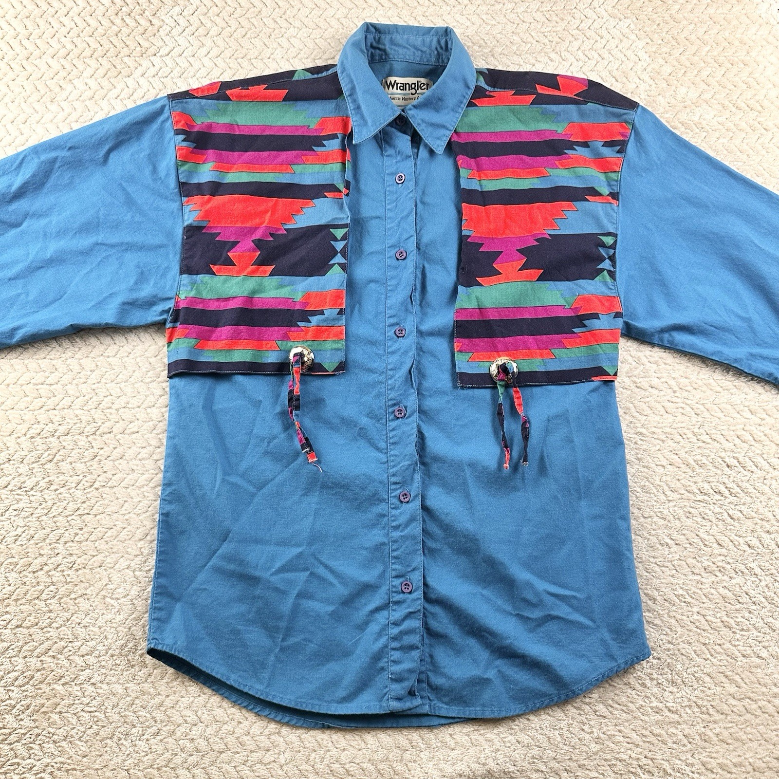 Vintage Wrangler Aztec Womens Turquoise Small Rodeo Shirt 80’s 90’s Cowgirl