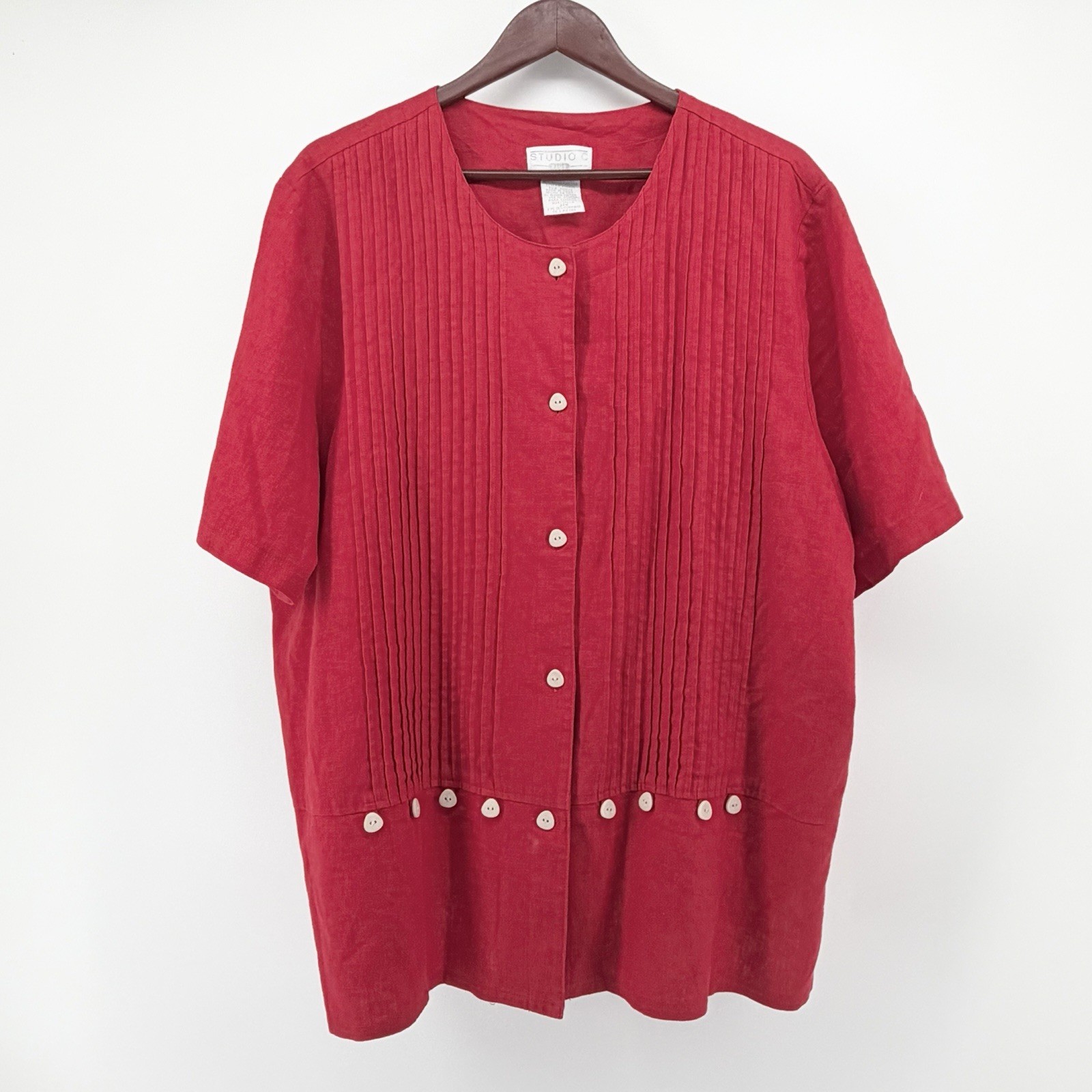 Vintage Studio C Plus 2pc Linen Blend Maxi Dress Blouse Set Red 22W 3X Pleated
