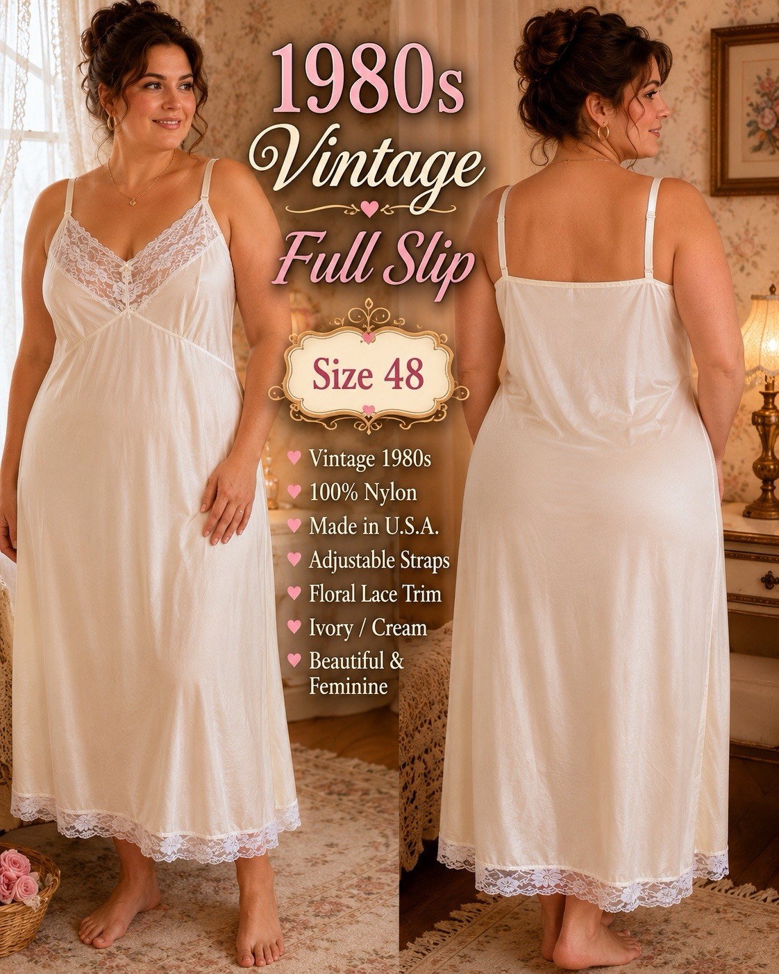 Vintage 1980s Ivory Nylon Full Slip Lace Trim USA Made Size 48 Plus