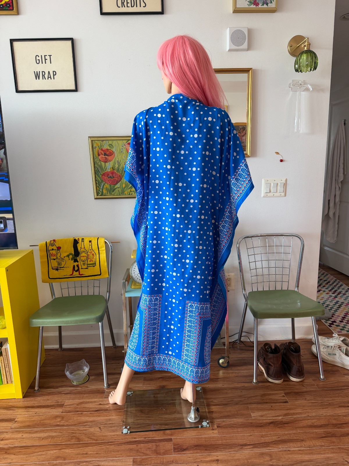 🦋 Vtg 70s Blue Polka Dot Kaftan Maxi Dress Goddess Hostess MuuMuu Batwing OS