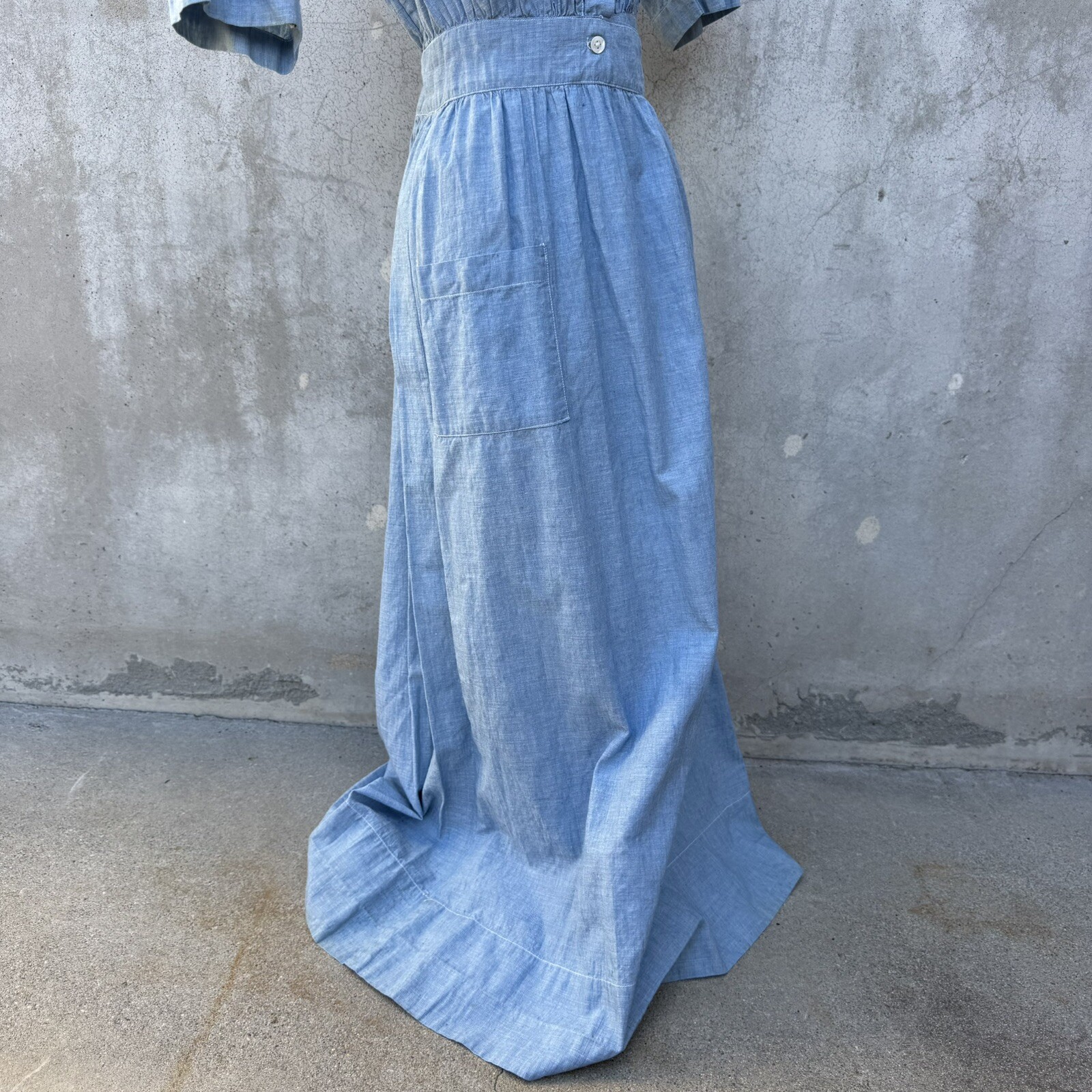 Antique Edwardian Blue Chambray Cotton Dress Workwear Prairie Maxi Vintage