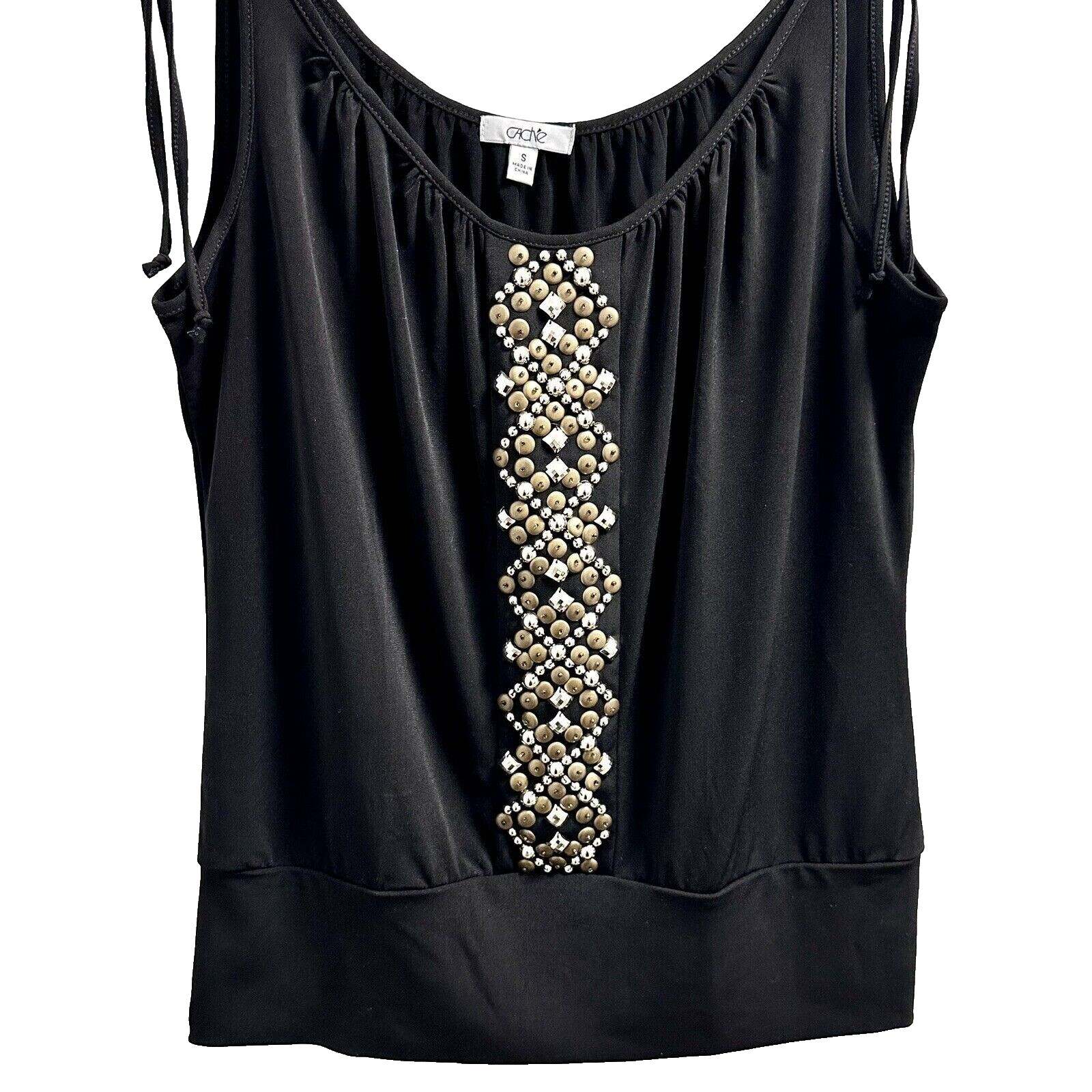 CACHE Y2K Black Bead & Studded Detail Shoulder Tie Banded Hem Top L (8-10) $78
