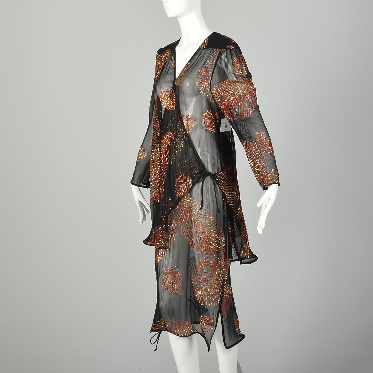 Medium 1980s Two Piece Wrap Dress Black Glitter Sheer VTG 80s