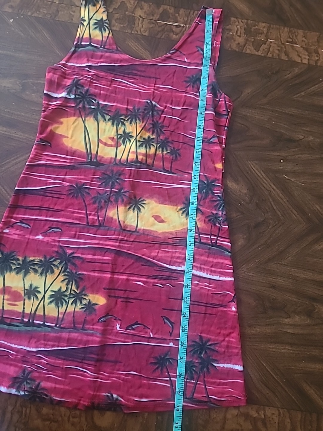 Vintage Red Hawaiian Sundress Tropical Sunset Palm Tree Print Sleeveless Size L