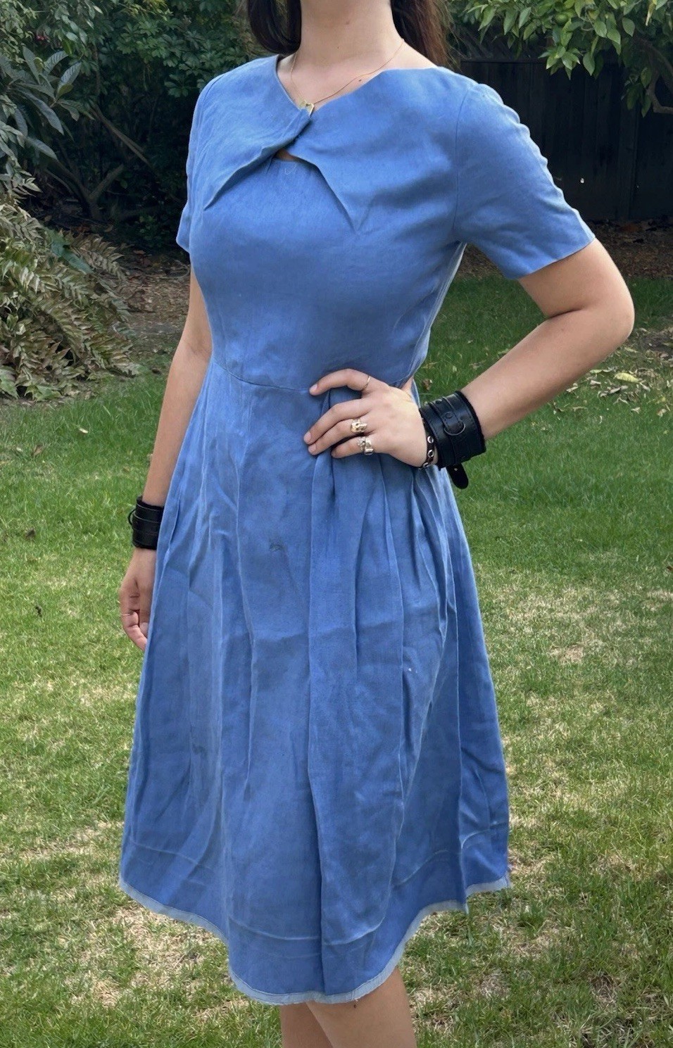 Vintage 40s 50s M L Handmade 100% Linen Dress Blue