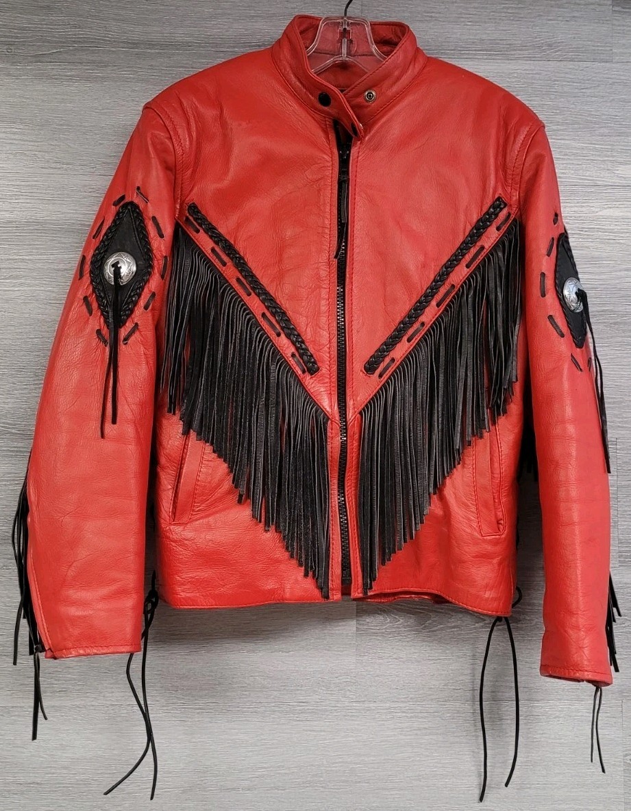 WOMENS VINTAGE LEATHER MOTORCYCLE JACKET UNIK RED FRINGE LACE UP WESTERN LARGE